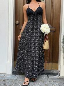 Women's Navy Blue Polka Dot Maxi Dress, V-Neck Halter Backless Lace Trim, Fitted Waist, Elegant For Summer Holidays, Wedding Guest And Everyday Wear - 黑色 - 查看 5
