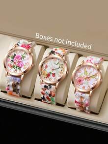 Set de 3 relojes de mujer de cuarzo con correa de silicona y esfera con diseño floral, reloj de muñeca de moda y clásico, excluyendo la caja del reloj - Multicolor - Ver 10