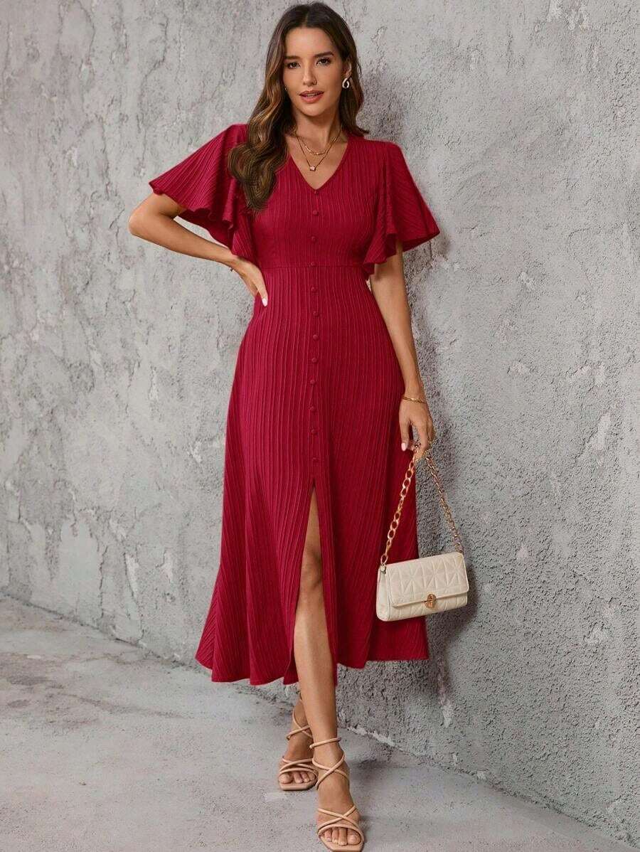 Clasi Vestido de unicolor con botones al frente, manga mariposa y abertura al muslo de longitud hasta el muslo para mujer - Burdeos - Ver 1