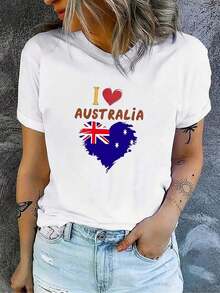 Women's  Graphic Print Short-Sleeve T-Shirt, Creative Heart Design With Australian Flag, Simple Casual Sports Tee For Women, Comfortable All-Season Top, Ideal For Vacations, Women's Tops, Women's Clothing, Tops, Festival Outfits. Comfortable, Soft, And Simple Short-Sleeve T-Shirt For Everyday Wear. - 白色 - 查看 5