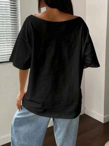 GiftFlirla Women's Loose Fit T-Shirt, White Pomegranate, Asymmetric Neck, Plus Size, Soft - 黑色 - 查看 3
