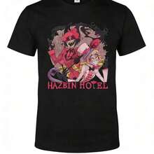 Hazbin Hotels Alastor X Charlie Couple T-Shirt, Anime Fanart Print Casual Tee. Suitable As A Gift. Women's T-Shirt. Elegant Blouses. Boho Chic. Soft, Breathable, And Comfortable Women's Top, Ideal For Spring, Summer, And Autumn, Perfect For Vacations, Travel, And Everyday Wear. - 黑色 - 查看 1