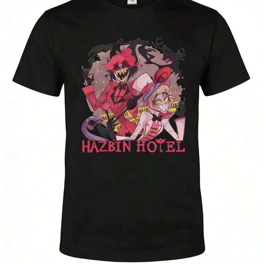Hazbin Hotels Alastor X Charlie Couple T-Shirt, Anime Fanart Print Casual Tee. Suitable As A Gift. Women's T-Shirt. Elegant Blouses. Boho Chic. Soft, Breathable, And Comfortable Women's Top, Ideal For Spring, Summer, And Autumn, Perfect For Vacations, Travel, And Everyday Wear. - 黑色 - 查看 1