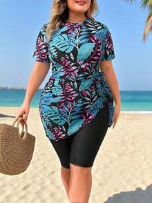 Swim  Conjunto de traje de baño de mujer talla grande con parte superior estampada al azar y shorts de unicolor, talla grande una falda pareo con cintura anudada - Multicolor 2 - Ver 1
