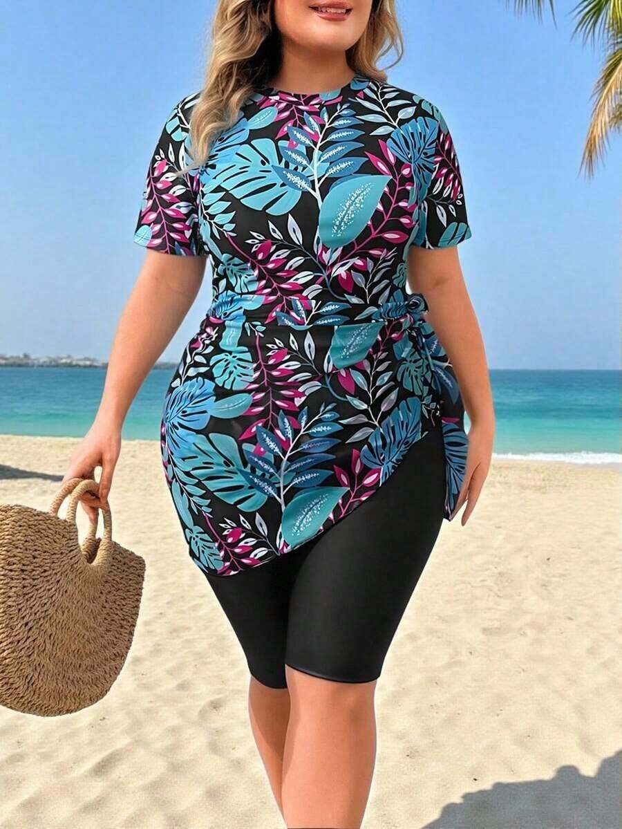 Swim Conjunto de traje de baño de mujer talla grande con parte superior estampada al azar y shorts de unicolor, talla grande una falda pareo con cintura anudada - Multicolor 2 - Ver 1
