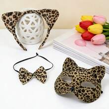 Leopard Cat Mask, Halloween Cosplay Props, 3D Cat Ears Headband, Bow Tie & Tail, Party Supplies - Multicolor - View 4