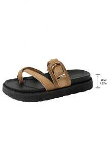 New Fashion Metal Buckle Decor Slip-On Platform Sandals, Comfortable & Versatile For Daily Wear,Summer Shoes - Khaki Suede - View 8