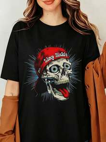 Limp Bizkit Chocolate Starfish T-Shirt, Fred Durst Red Cap Skull Graphic Print Nu Metal Rock Band Merch Vintage Black Short Sleeve Casual Tee Top, Limp Bizkit T-Shirt – Used Look 90s Y2K Grunge Tee - Black - View 1