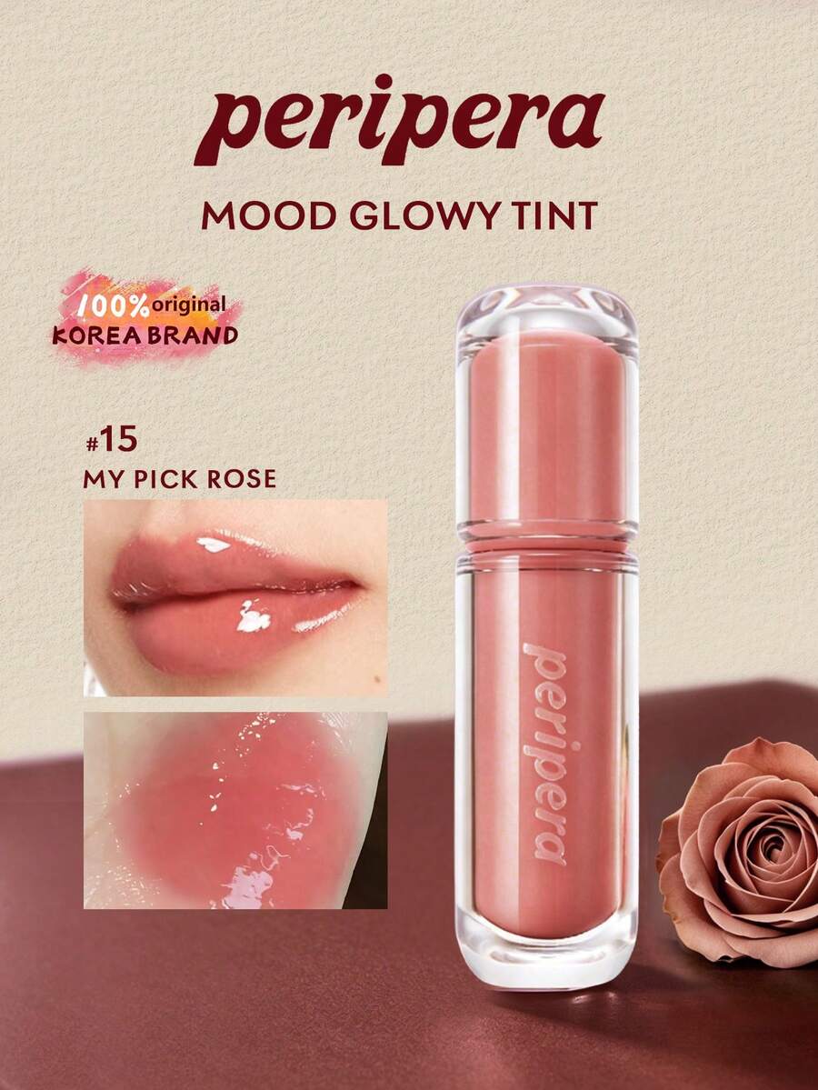 Peripera Mood Glowy Tint 玻璃感唇釉 15，高光澤鏡面水感妝效，不黏膩，多汁水果香調，保濕輕盈，持久凝膠質地，適合女性日常使用，K-Beauty 韓系彩妝，Olive Young，禮品，4g/0.14 Oz