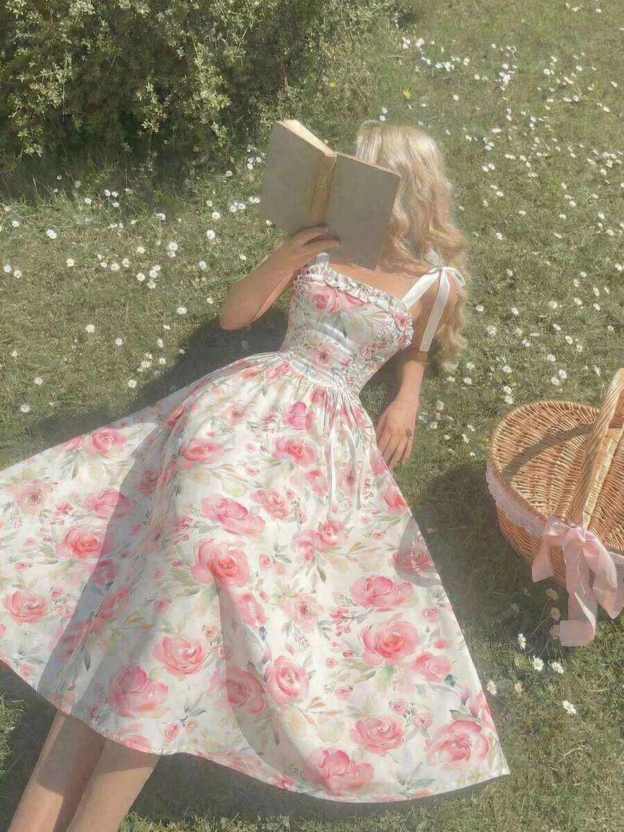 largo con estampado floral y tirantes con lazo para mujer, para primavera, graduación, vestidos modestos para mujer, vestidos para vacaciones de primavera - Rosa 2 - Ver 1