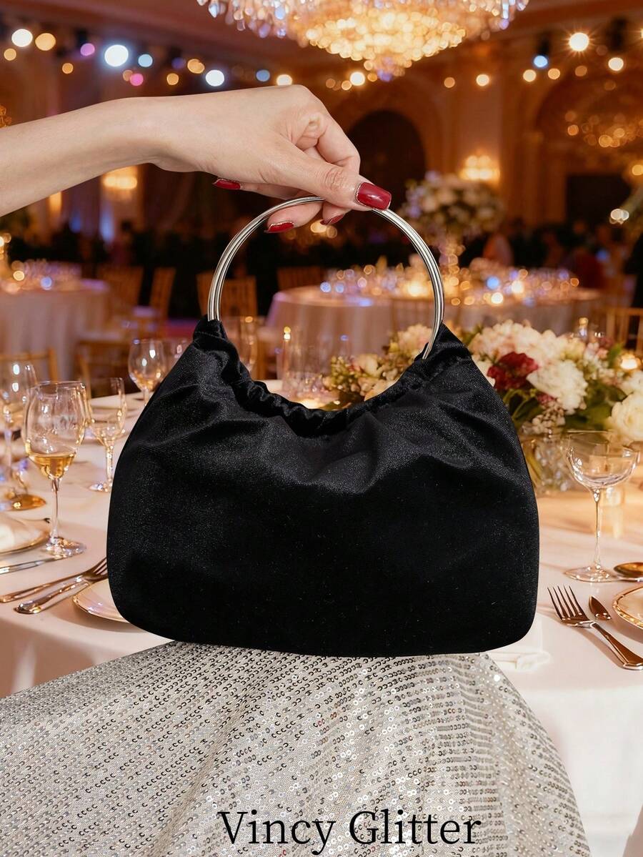New Elegant Velvet Round Handbag, Suitable For Gala, Party, Cocktail, Versatile Fashion Women Bag - Black - View 1