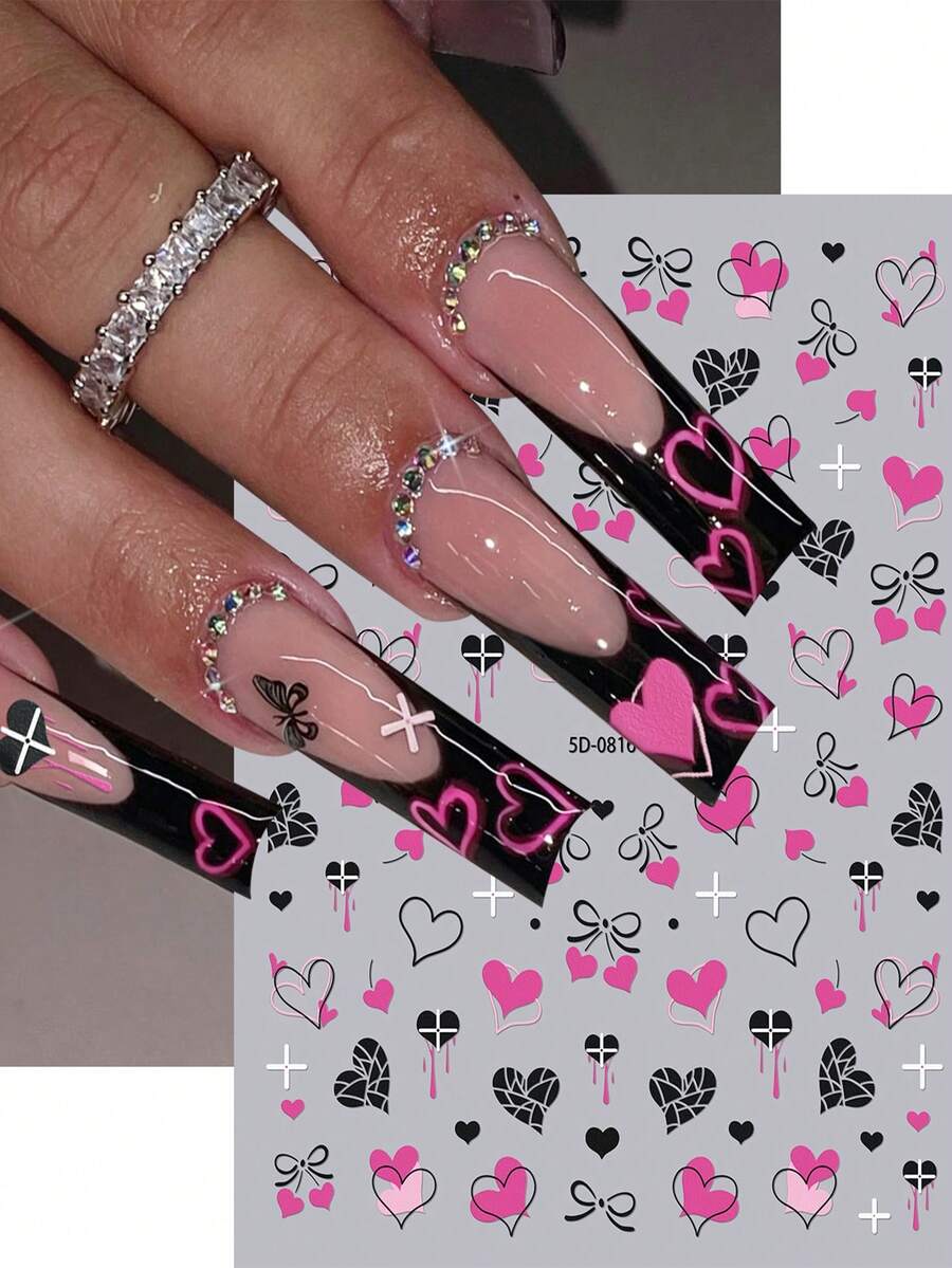 1 Foglio di adesivi per unghie con cuori e fiocchi in stile gotico rosa e nero, decalcomanie 5D autoadesive con disegni di farfalle e croci, decorazioni per unghie impermeabili per uno stile Y2K grunge, perfette per San Valentino e manicure quotidiana