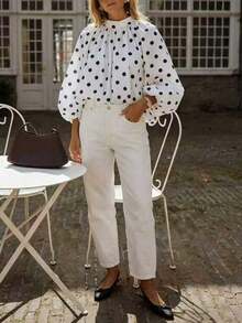 Blusa elegante y casual de lunares para mujer - Cuello con lazo, mangas farol, corte holgado, diseño con volantes para vacaciones - Blanco - Ver 6