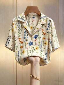 Blusa casual holgada de manga corta con cuello y estampado floral para mujer - Albaricoque - Ver 9