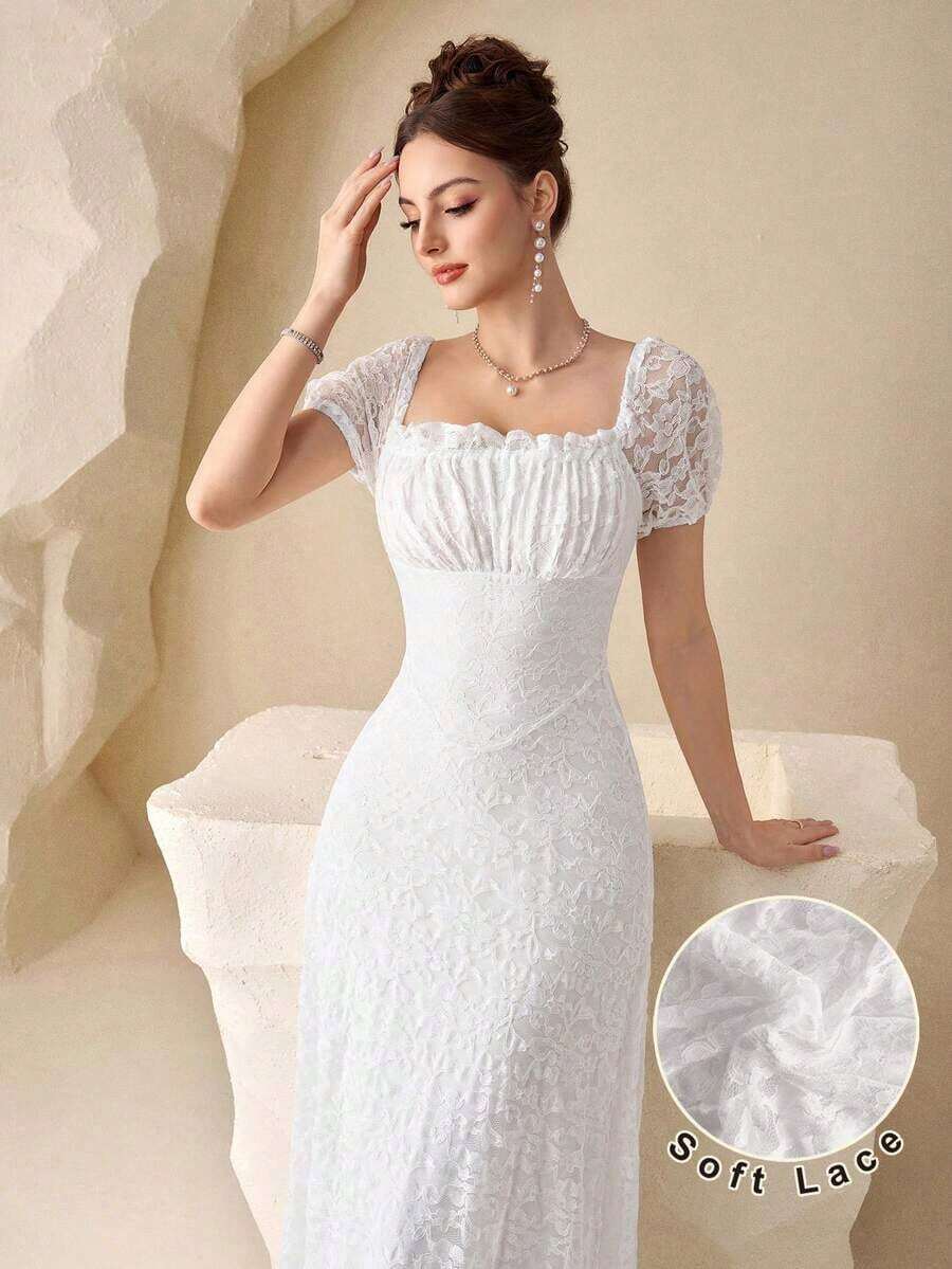 Vestido de princesa blanco de encaje, con mangas de pétalos, cintura ceñida, romántico francés, sexy y elegante - Blanco - Ver 1
