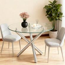 Round Dining Table With Tempered Glass Top And Metal Legs, Coffee Table, Modern Minimalist Dining Table, 80 * 80 * 76 Cm - Silver - View 1