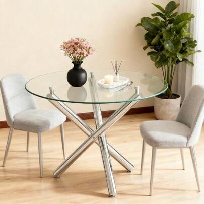 Round Dining Table With Tempered Glass Top And Metal Legs, Coffee Table, Modern Minimalist Dining Table, 80 * 80 * 76 Cm