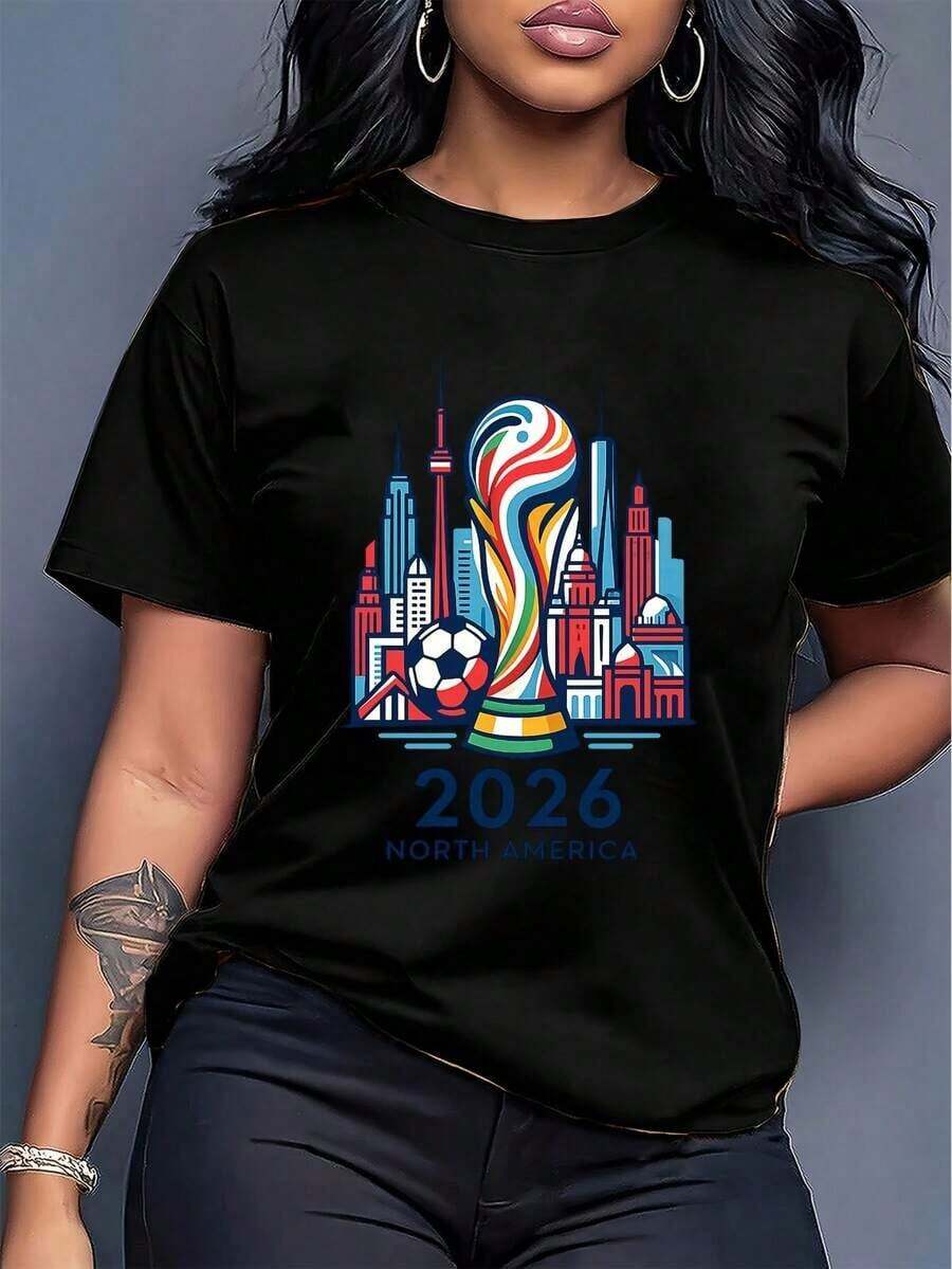 Regalo [Con licencia de la  World Cup] Copa Mundial 2026, Camiseta de manga corta con estampado divertido de fútbol, Diseño estampado de estilo urbano, Camiseta de verano, Imprescindible para los fans, Disponible en estilos para hombre y mujer, Ideal como regalo de cumpleaños para un novio. - Negro - Ver 1