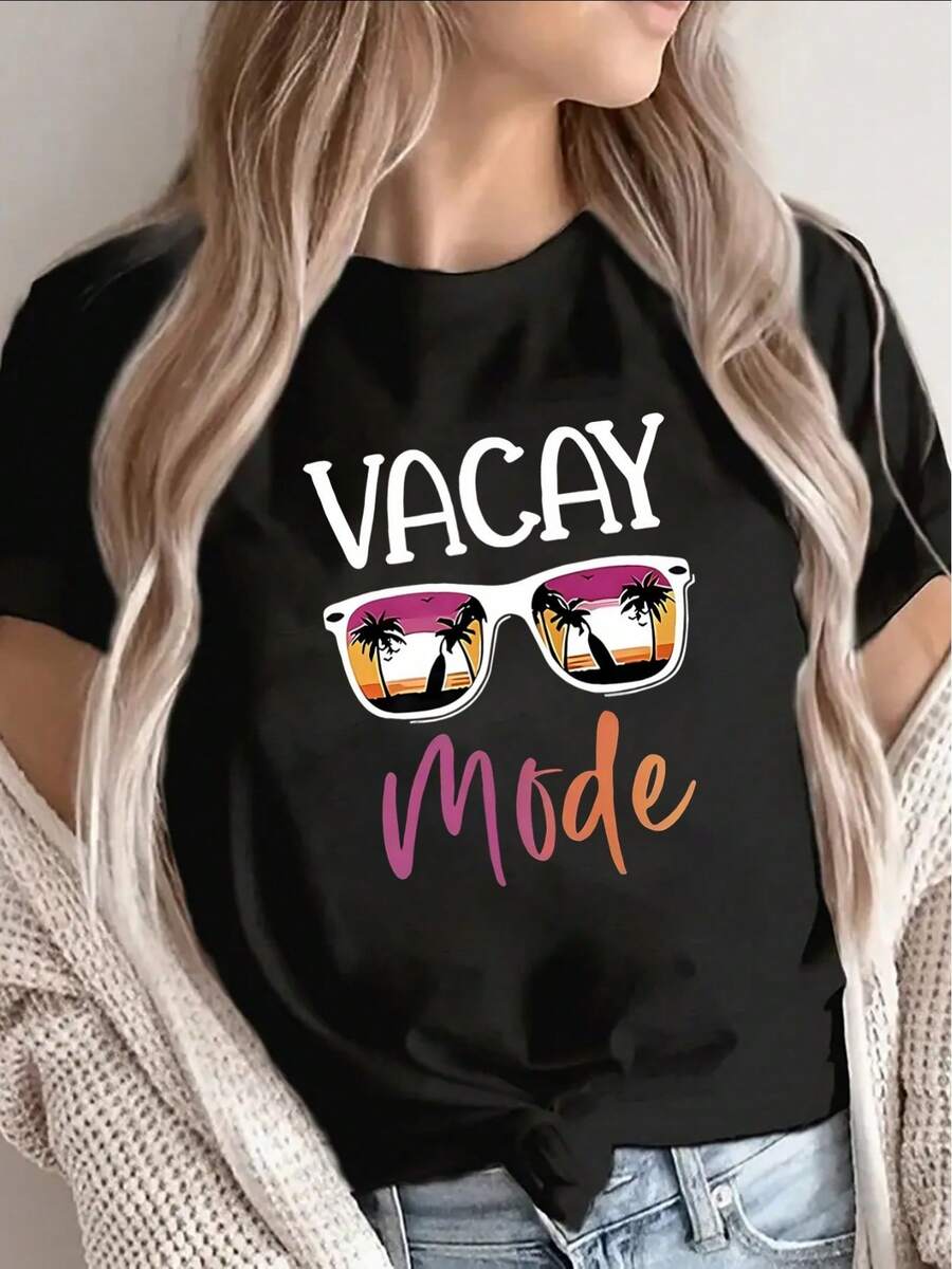 This Short-Sleeved T-Shirt, Made Of Pure Cotton And Featuring A Palm Tree And Stylish Vacation-Themed Sunglasses Design, Is Lightweight And Comfortable, Suitable For The Beach, Holidays Or Everyday Wear, And Is Perfect For Summer Outings And Travel Adventures. - 黑色 - 查看 1