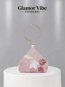 Glamor Vibe 女款晚宴手拿包，粉色亮片刺繡花卉晚宴包，金屬環手柄派對手拿包，亮片刺繡工藝，多色閃亮 3D 花卉（隨機圖案），婚禮必備用品，情人節禮物，適用於婚禮、晚宴派對及其他正式場合，百搭風格 - 粉色 - 查看 9