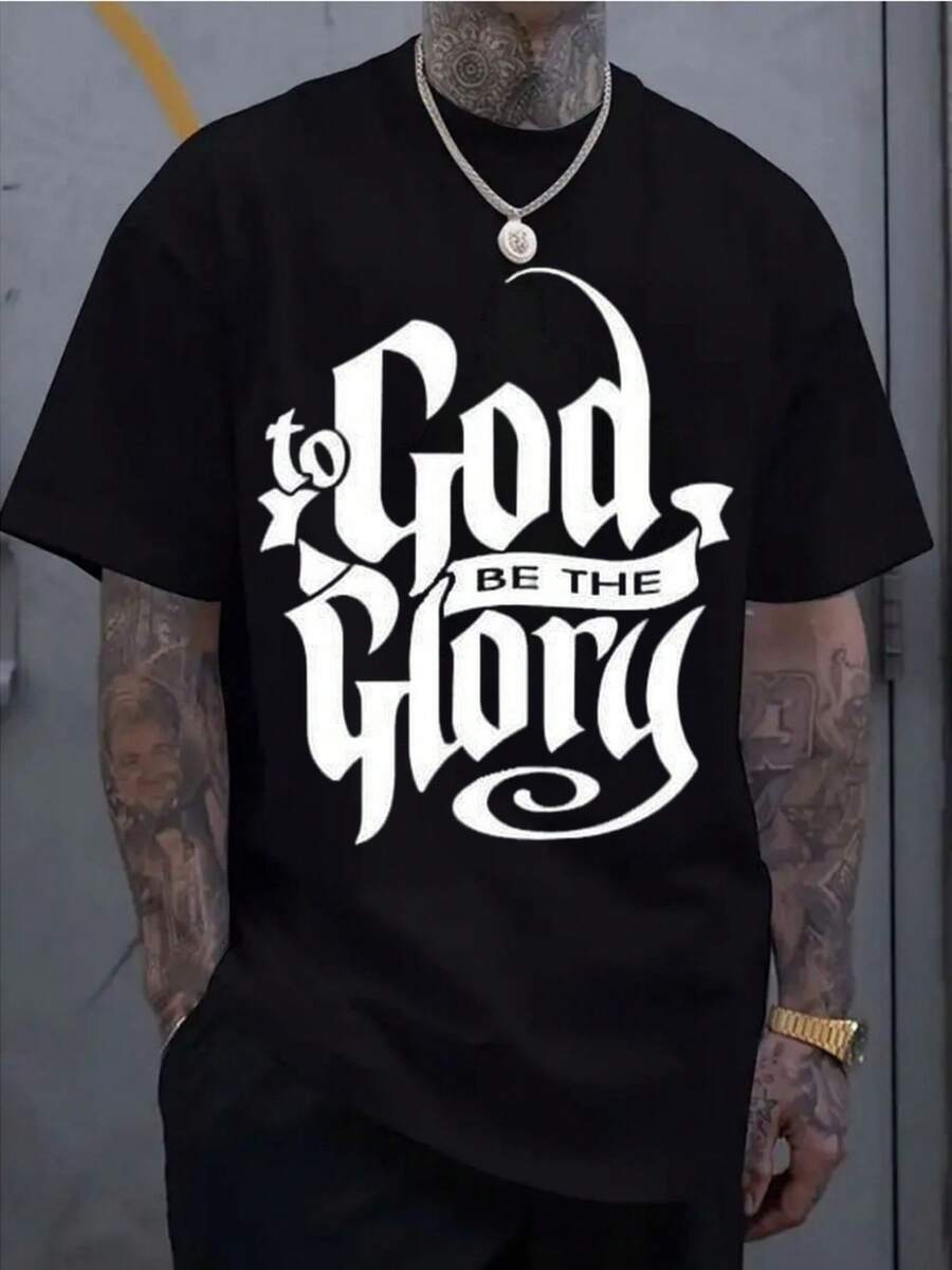 Men's Short-Sleeved T-Shirt, Casual Sporty Style, With Modern Prints, Stretchy And Comfortable, Suitable For Sports, Travel And Everyday Leisure Time - Regular Fit, Round Neck, Knit Fabric, Printed T-Shirt, Comfortable Fit, Plus Size. - 黑色 - 查看 1