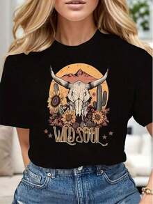 Women's Casual T-Shirt With Bull Skull, Sunflower And Desert Landscape Print, Soft And Comfortable, Gift For Birthday, Thanksgiving And Christmas - 黑色 - 查看 5