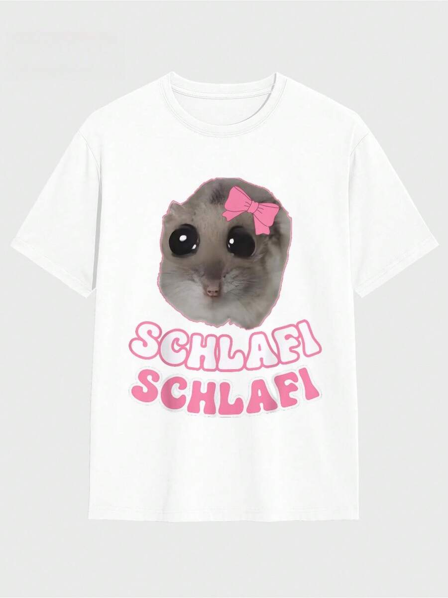 New Sleeping Hamster T-Shirt - With A Pink Bow And Tired Eyes Design - Short Sleeve Crew Neck T-Shirt, Perfect For Anime Enthusiasts, Adorable Hamster Fans, And Everyday Wear - Playful Animal Graphic Tee, Unisex, Collectible Item - 白色 - 查看 1