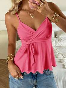 Camiseta de tirantes casual y versátil con estampado de lunares y detalle de nudo para mujer - Rosa Fucsia - Ver 1