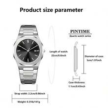 PINTIME 1 Buah Jam Tangan Pria Minimalis Segi Delapan Warna Perak, Dial Sunburst dengan Fungsi Tanggal, Tali Stainless Steel, Gaya Bisnis-Kasual, Jam Tangan Quartz Tahan Air - hitam - View 2