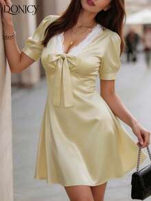 Đầm ngắn nữ mới, chất liệu satin ren, cổ chữ V, thắt nơ phía trước, tay phồng, mềm mại, thích hợp cho ngày Valentine, hẹn hò, ăn trưa, tiệc tùng. - Màu vàng ngỗng - Xem 4