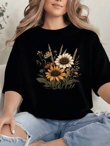 A Bouquet Of Sunflowers And Daisies Symbolizing Energy, Optimism, And Natural Beauty With Bohemian Country Touches. A Casual And Comfortable Women's T-Shirt, Ideal For Everyday Wear. - 黑色 - 查看 8