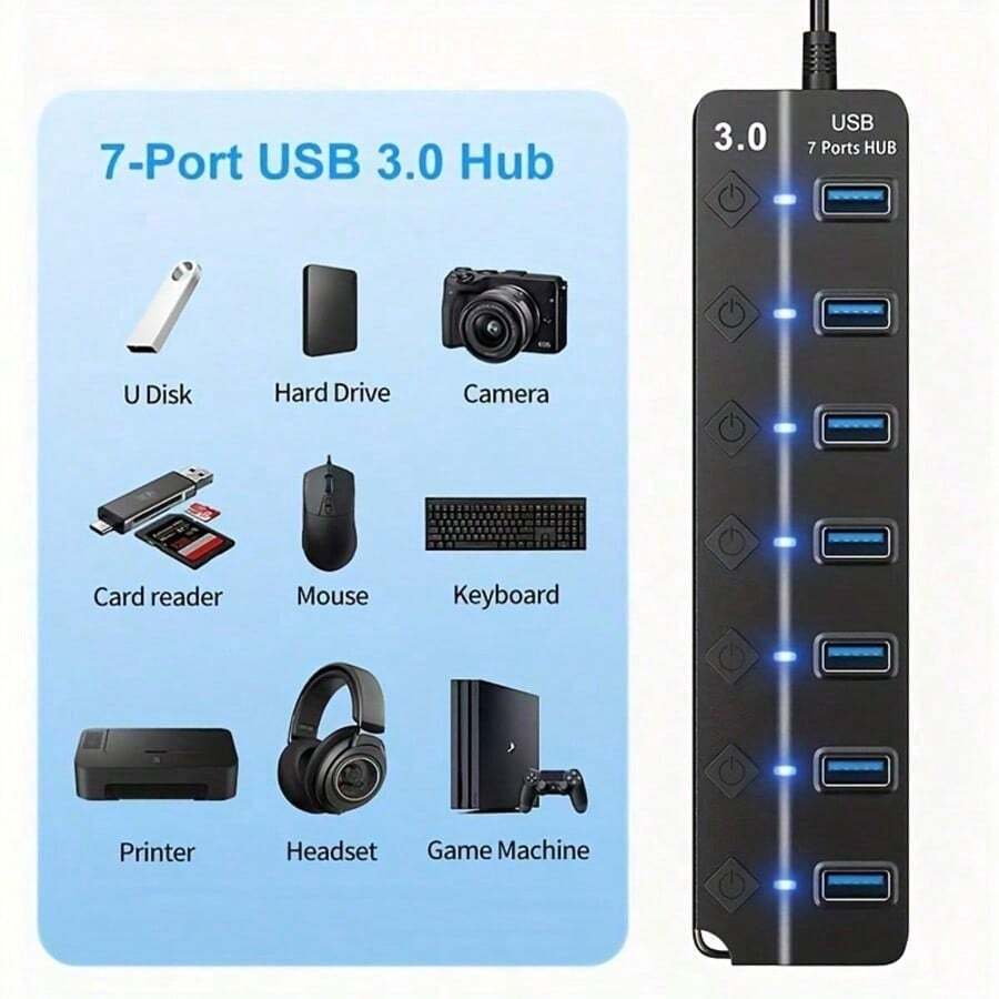 高速 USB 3.0 7 端口集线器，带 LED 灯条，适用于笔记本电脑、台式机，即插即用，具有过流保护功能，是生日和节假日送给家人和朋友的理想礼物。 - 彩色 - 查看 1