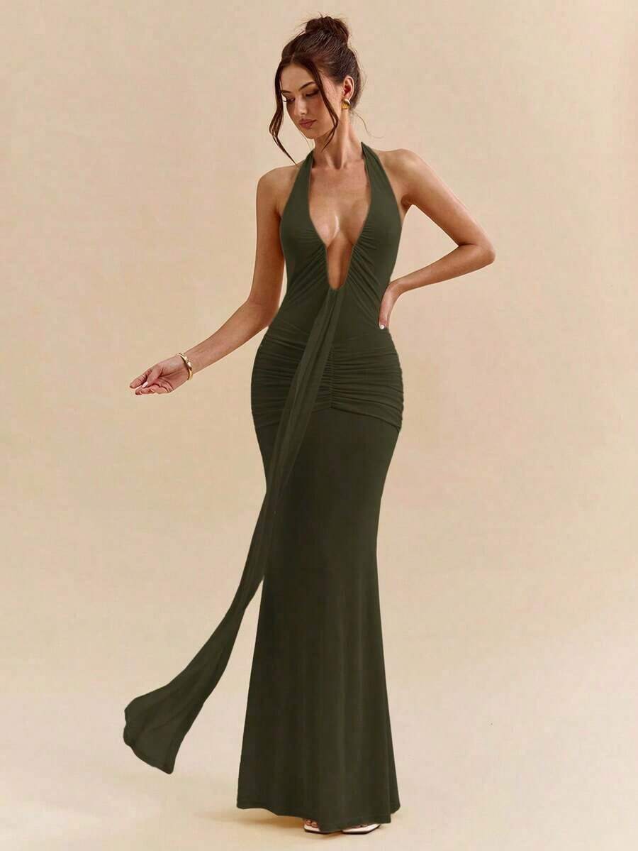 xheSHEIN Vestido maxi elegante con cuello halter y escote profundo en V, de color amarillo crema, para mujer, para primavera/veranoxhe - Verde militar - Ver 1