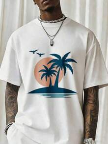 New Fashion Casual T-Shirt For Men Manfinity RSRT, Short Sleeve T-Shirt With Coconut Tree Print, Light Blue Graphic Tees, Fun Men's Short Sleeve Crew Neck T-Shirt, Suitable For: Sporting Events/Christmas Parties/Outings/Sports And Other Festive Gifts - 白色 - 查看 5