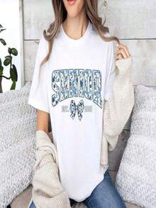 Women's Plus Size T-Shirt With 'Baseball Is My Favorite Season' Print, Casual, Black, Polyester, Short Sleeve, Crew Neck, Machine Washable, Spring And Summer Activewear, Fun Design T-Shirt, Suitable For Sports And Outdoor Activities - 白色 9 - 查看 7