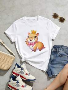 New In 2026 Girls' Summer Short Sleeve T-Shirt With Capybara Applique And Pink Bow. - Karlotta Capybara Print Round Neck Casual Blouse. For Parties And Casual Outfits NY-DX7357 In Spanish Girls' T-Shirt, Kids' T-Shirt, Cotton T-Shirt, Printed T-Shirts - 白色 - 查看 3