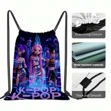 1个柔软牛津布K-POP组合图案抽绳背包，便携式健身收纳包，带实用口袋，时尚印花休闲背包，多功能日常旅行派对运动休闲背包 - 彩色 - 查看 6