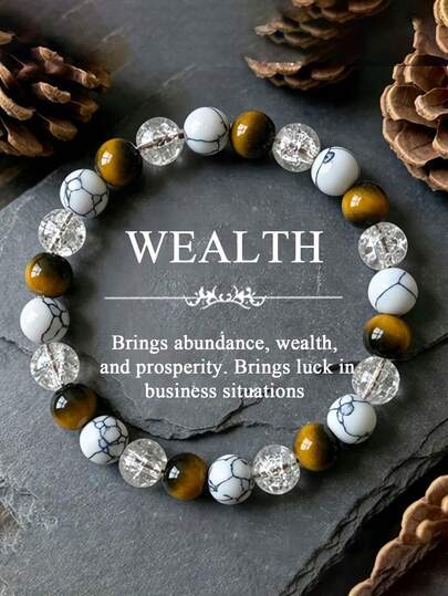 Vòng tay phong cách Bohemian đá mắt hổ & đá howlite trắng mang lại sự giàu có - Bảo vệ, sức mạnh, thịnh vượng, phù hợp cho nam nữ, trang sức quà tặng, phụ kiện du lịch