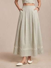 Falda de mujer con diseño de empalme de bolsillos laterales y dobladillo de encaje, de nueva llegada para primavera/verano, versátil para la oficina, ocasiones formales y elegante para el transporte urbano - Marrón - Ver 10