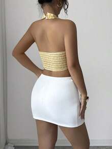 Conjunto de dos piezas de verano para mujer, con top de manga corta con cuello de tirantes a cuadros amarillos y falda larga con abertura lateral blanca, elegante y sexy para ocasiones de verano - Amarillo - Ver 2