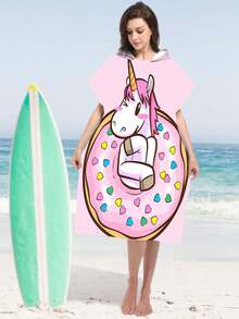1pc Rainbow Unicorn & Blue Polka Dot Kitten Print Polyester Hooded Poncho, Oversized Beach Towel - Vibrant Unicorn Design, Beach Wrap, Soft & Durable Polyester Robe, Suitable For Swimming, Travel And Beach Vacation, Unisex Bathrobe, Beach Towel, Women Robe, Travel Decor, Casual Decor - Multicolor - View 24