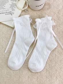 1/3 Pairs Thin Lace Trim Bow Decor Sweet Ballet Style Mid-Calf Socks, Spring/Summer - Multicolor - View 14