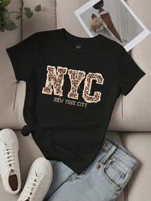 2026 New Products Of Great: Women's Round Neck Cotton T-Shirt, Short Sleeve T-Shirt With New York Letter Graphic Print, Modern Style, Natural And Elegant, High Quality, For Summer, Home Use, Fashionable, New Style 2026. - 黑色 - 查看 6