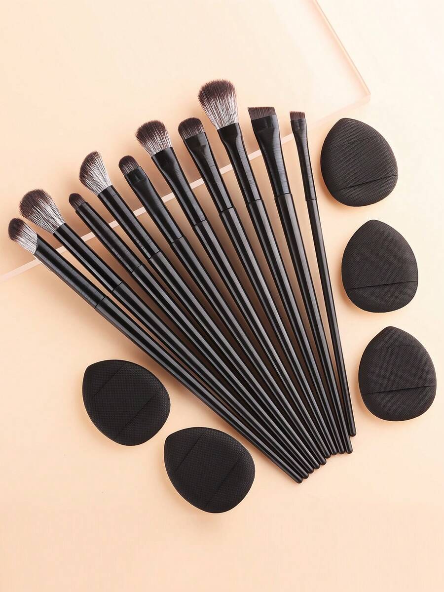 ronshadow Bộ 10 cọ trang điểm chuyên nghiệp + 5 bông mút trang điểm, bao gồm cọ phấn phủ, cọ má hồng, cọ tạo khối vát cạnh, cọ nền phẳng, cọ phấn mắt, cọ tán màu, cọ kẻ lông mày vát cạnh, bộ cọ và bông mút trang điểm lông mềm không rụng lông, lý tưởng cho người mới bắt đầu. - màu đen - Xem 1
