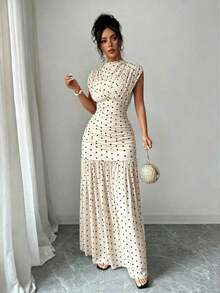 Vestido maxi elegante con estampado de lunares, cuello alto, sin mangas, sexy, con recortes de malla, parches y pliegues en A-line, adecuado para fiesta de graduación, vacaciones, citas, vestido formal blanco, vestido elegante, vestido de cumpleaños, vestido de verano - Albaricoque - Ver 5