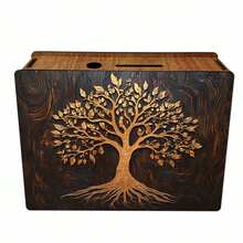 1pc Decorative Handmade Wooden Piggy Bank, Reusable Vintage Wooden Coin Box, 2D Rectangular Coin Box With Golden Tree Pattern, For Home & Office Decor - Multicolor - View 6