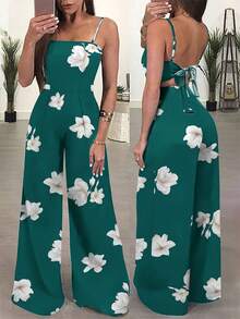 Mono elegante para mujer con estampado floral, mameluco camisola sin mangas de verano, pantalones de pierna ancha de moda para adultos - Naranja - Ver 9