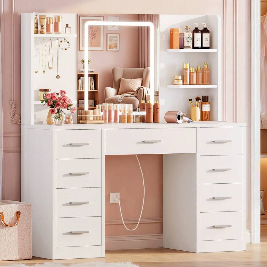 Large Vanity Desk With Mirror And Lights, Makeup Vanity With 9 Drawers, Makeup Desk With Charging Station And Ample Storage,White Dressing Table For Bedroom Room (White) - US B Type Plug(110-127V) - View 1