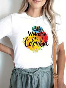 Women's T-Shirts With Colombian Alphabet Print, Casual Spring And Summer T-Shirt, Round Neck, Short Sleeve, Women's Sports T-Shirt, Casual Blouses For Ladies. - 白色 - 查看 7