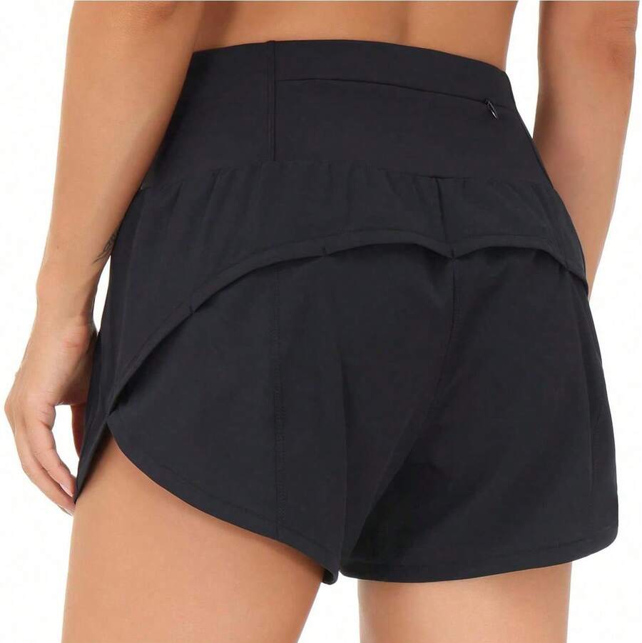 Womens High Waisted Running Shorts Quick Dry Athletic Workout Shorts With Mesh Liner Zipper Pockets - 黑色2 - 查看 1